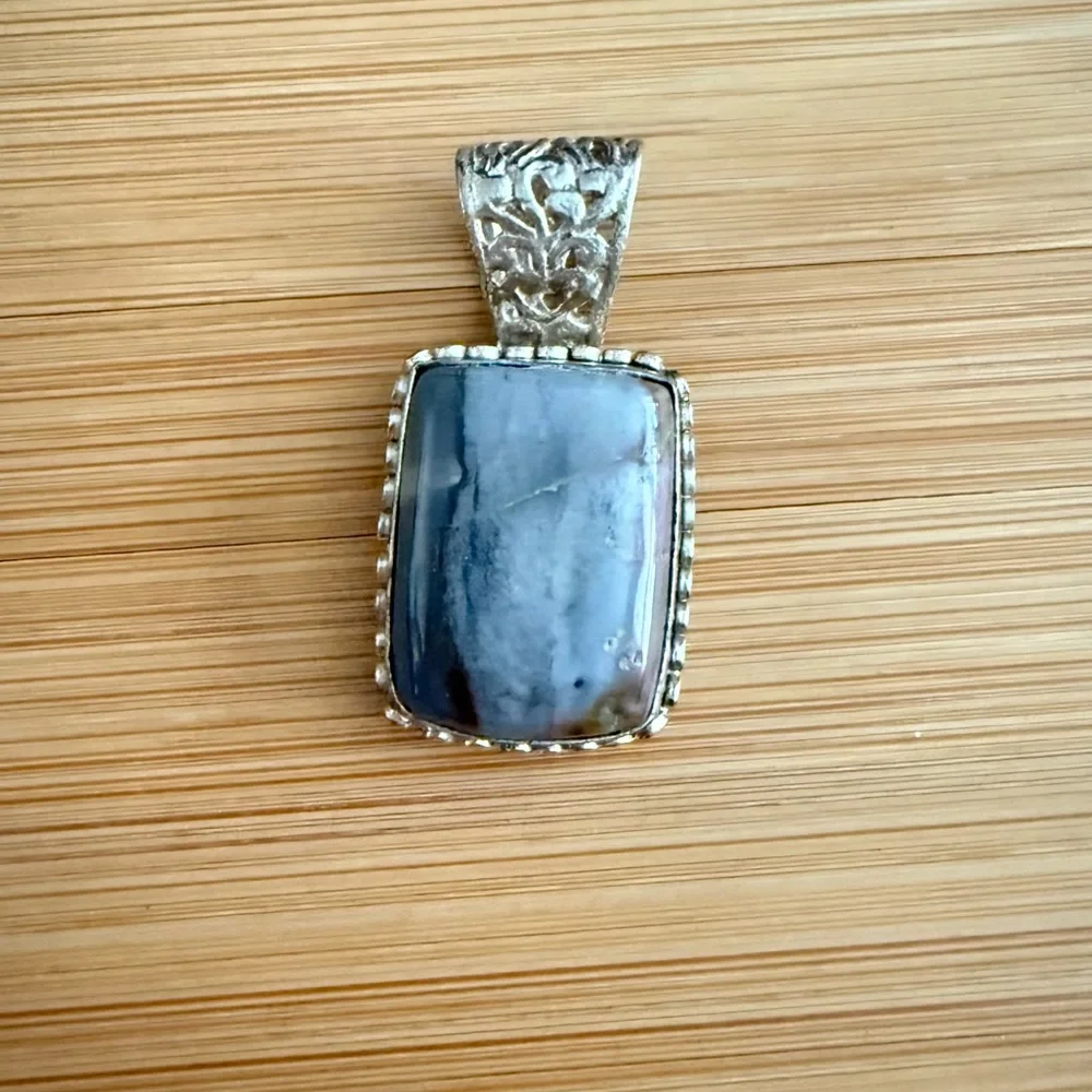 Sterling Silver Blue Agate Natural Stone Necklace Pendant - Picture 11 of 12
